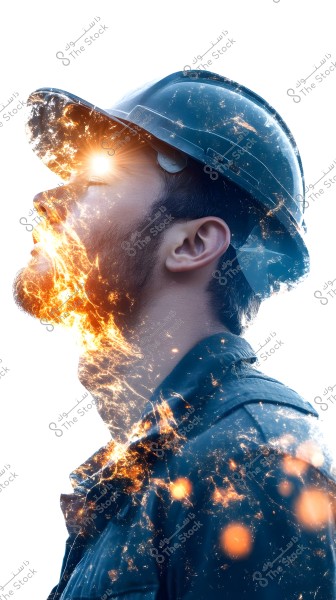 An image of a man wearing a safety helmet with bright light effects highlighting the details of the picture. The artistic illustration conveys a sense of power and potential energy emanating from the person. The background is white, accentuating the figure.