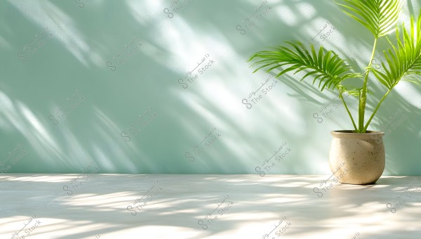 An image showing a green tropical plant in a clay pot placed on a well-lit surface. The background wall is light green with soft shadows of the plant’s leaves, adding a calm and natural ambiance to the scene.