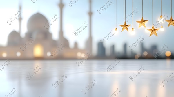 Image depicting a large mosque in the background with prominent domes and minarets. In the foreground, golden stars and small lights hang from above, adding a warm and festive atmosphere. The background is slightly blurred, drawing attention to the hanging ornaments.