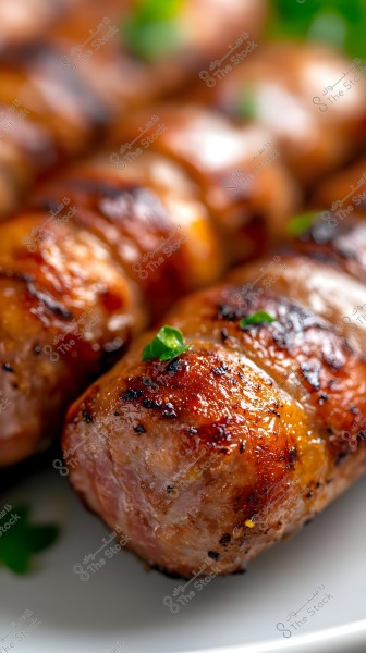 A close-up image of grilled sausages with a golden-brown color, topped with small pieces of fresh parsley as garnish. The sausages appear shiny and well-cooked, with a blurred background showcasing the plate.