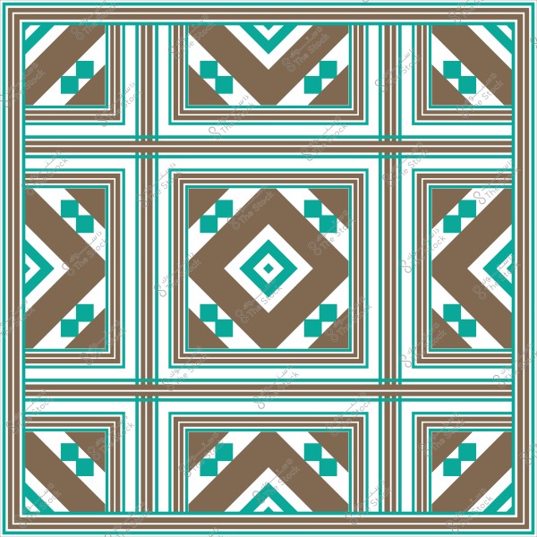 Geometric square design with brown and blue colors, featuring a symmetrical pattern of lines and squares.