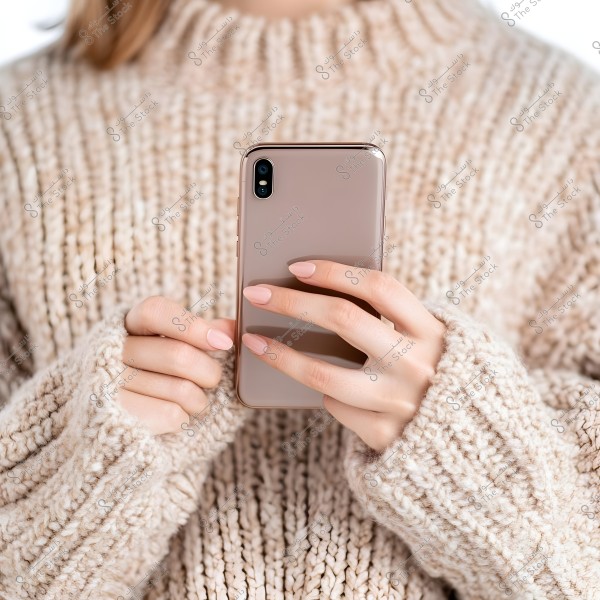 Image shows a person\'s hands holding a light gold smartphone. The nails are painted in a light beige color, and the hands are wearing a thick, knitted beige sweater.