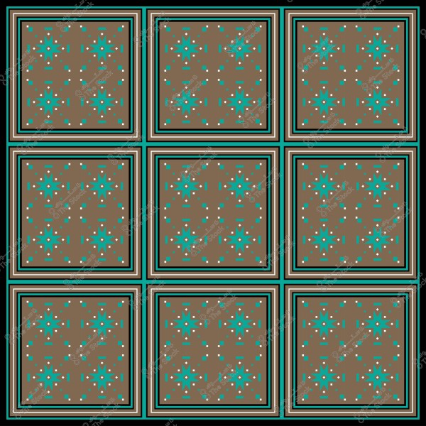 Geometric pattern composed of nine repeated squares in brown with star-like turquoise blue ornaments and small white details.