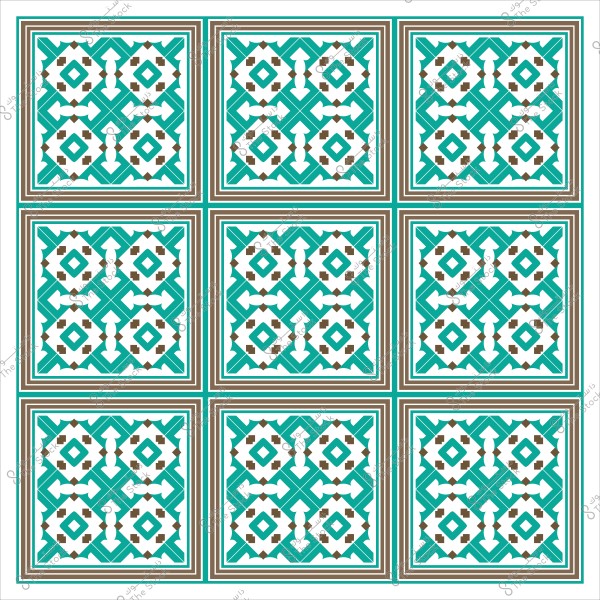 Geometric tile design with an ornate Arabic mosaic pattern featuring mirrored shapes in green, white, and brown colors.