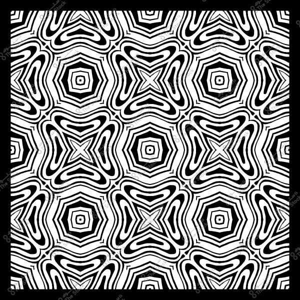 نمط هندسي أبيض وأسود متماثل بأشكال متداخلة ومتكررة تشبه الأزهار والخطوط المتعرجة.