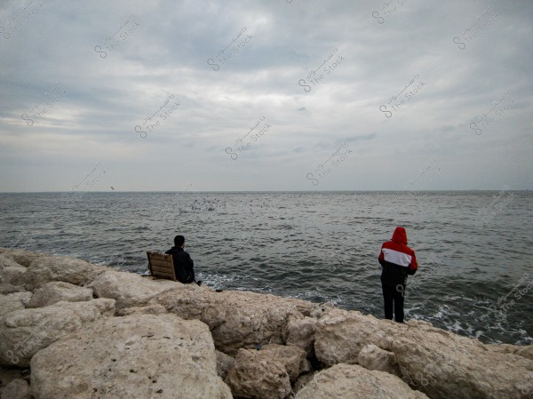 Two people are on large rocks by the sea on a cloudy day. One is seated on a wooden chair, seen from the back, while the other stands wearing a red, black, and white jacket with a hood. In the background, the sea is visible with many birds flying over the water surface, and the sky is overcast with clouds.