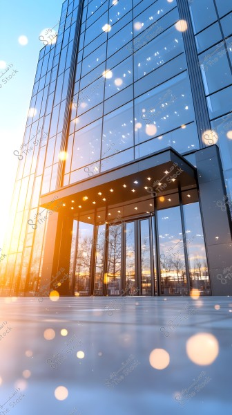Modern glass building reflecting golden sunlight in the morning. The front entrance is visible with glass doors and large windows extending upwards. Light flares appear in the image, adding a sense of vibrancy and energy to the scene.