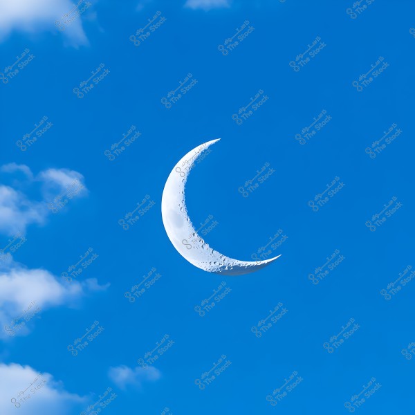 Image of a clear blue sky featuring a white crescent moon, with some light clouds visible in the left corner of the image. The fine details and terrain of the moon are clear and visible.