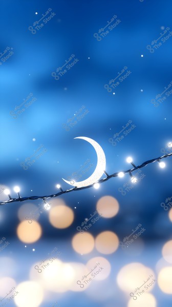 An image of a blue sky illuminated with decorative lights forming a glowing crescent. The background is filled with sparkling dots and soft bokeh, creating an enchanting and serene atmosphere.