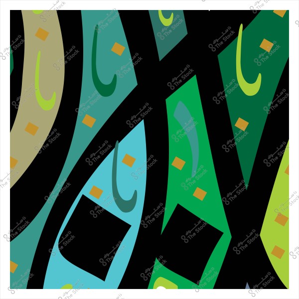 An abstract image featuring colorful shapes in green, blue, and olive hues with intersecting black lines forming geometric patterns. The shapes have small orange markings distributed evenly.
