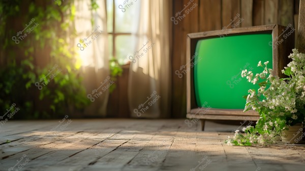 An old television with a wooden frame from the 1950s or 1960s, displaying a green screen, is placed in a wooden room with sunlight streaming through the windows. Green plants and white flowers are positioned next to the TV, adding a natural touch to the room.