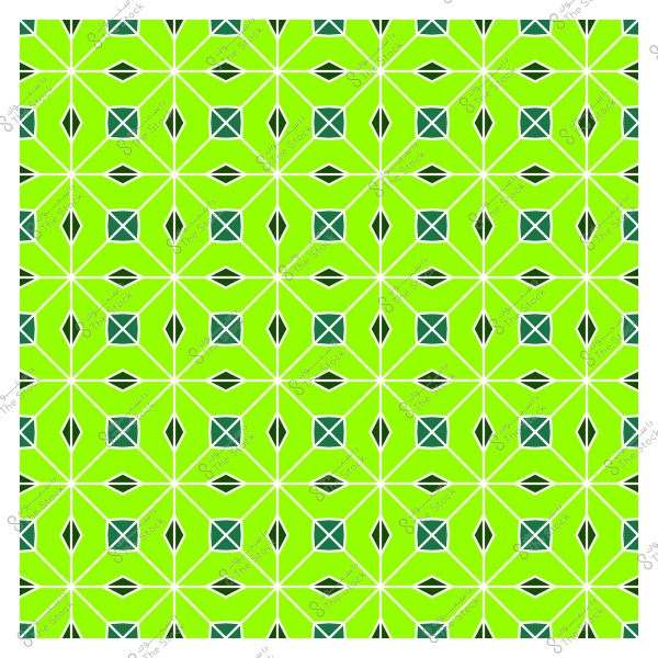A repeating geometric pattern with diamond shapes and white lines on a bright green background, resembling a traditional tile design.
-