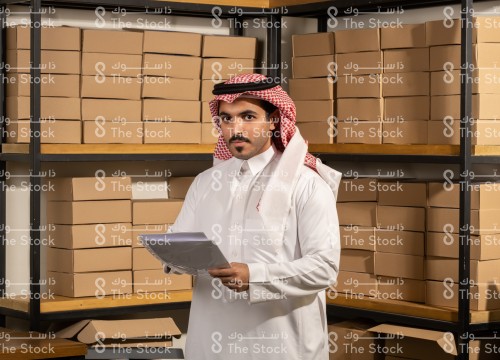 شاب سعودي يرتدي الزي السعودي التقليدي يقف في المستودع يمسك بالأوراق بينما يتابع سير العمل وتظهر من خلفه الرفوف ممتلئة بالصناديق