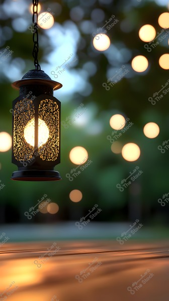 A hanging lantern with an intricate design, illuminated from within, is prominently displayed in the foreground. In the background, there are glowing spherical lights, creating a warm atmosphere against a blurred green backdrop, evoking a sense of calm and serenity.