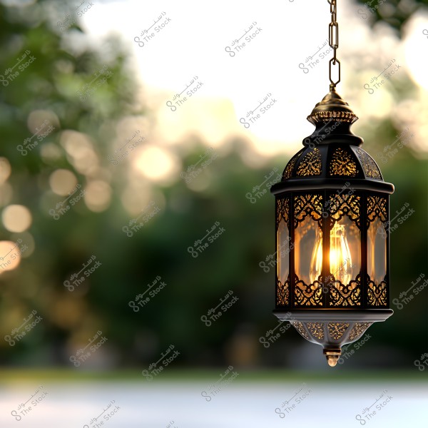 A hanging metal lantern with traditional Arabic decorative design, emitting a warm light. The blurred background shows a natural scene with green trees, adding a serene and romantic atmosphere to the image.