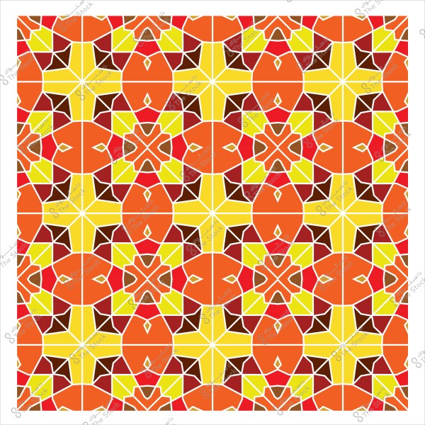 نمط هندسي تقليدي بأشكال نجومية وخطوط متداخلة بألوان برتقالية وصفراء وحمراء.