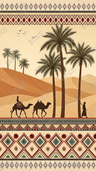 رسم فني تقليدي يصور مشهداً صحراوياً مع أشخاص يركبون الجمال ويمشون في الرمال. توجد خلفهم نخيل, وتظهر تلال رملية في الأفق. في الجزء العلوي والسفلي من الصورة, توجد زخارف بألوان تتضمن الأحمر, الأخضر, والأزرق, متناغمة مع تصاميم هندسية.