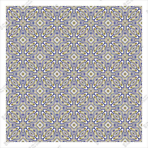 Symmetrical geometric pattern in blue and gold resembling traditional Islamic designs.
