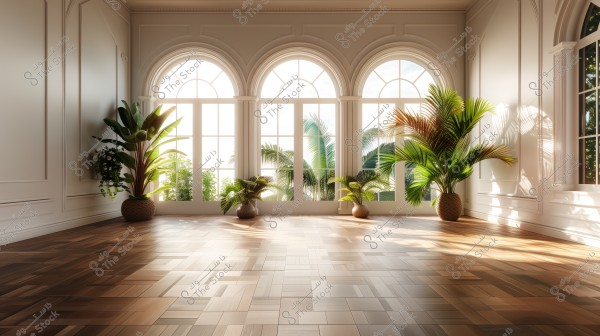 The image depicts a bright room with a luxurious wooden floor and large arched windows allowing natural light to flood in. Several large green plants in pots are placed next to the windows, adding a touch of tranquility and nature to the space.