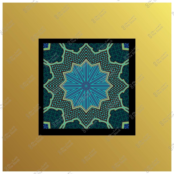 تصميم هندسي متماثل بألوان زرقاء وخضراء مع خلفية ذهبية