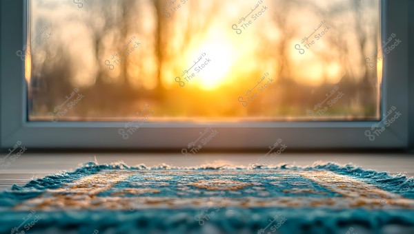 A blue prayer rug with golden designs is placed on a wooden floor in front of a large window. The sun is rising outside, casting a warm glow across the scene.