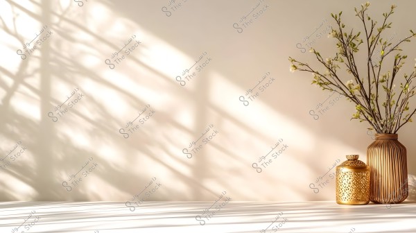 Image features an elegant golden vase with intricate patterns, holding branches with small flowers. Warm natural light casts shadows on the background wall and surface, creating an inviting ambiance.