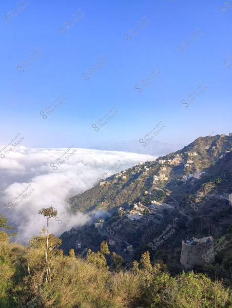 منظر طبيعي لجبل مغطى بالخضرة ومجموعة منازل موزعة على طول المنحدر. يسود المشهد جو ضبابي مع ظهور السحب في الأفق البعيد تحت ظلال السماء الزرقاء الصافية. تظهر بعض الأشجار والنباتات في المقدمة.