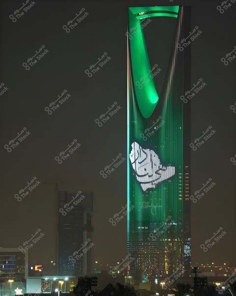 The image shows a skyscraper at night, illuminated in green. The building features the outline of the map of Saudi Arabia, indicating its Saudi identity. The sky is dark, and the building is surrounded by scattered city lights.