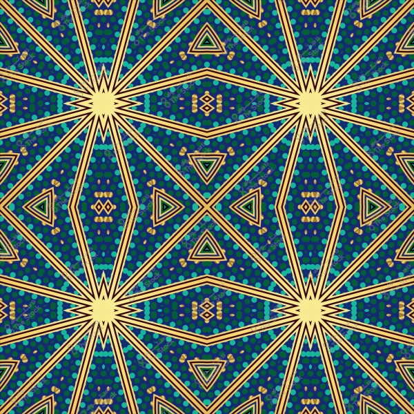 نمط هندسي متناسق يتكون من خطوط ذهبية وأشكال مثلثة على خلفية زرقاء مع نقاط بلون أزرق وأخضر.