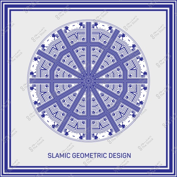 تصميم هندسي إسلامي باللون الأزرق, يضم نمطًا متشابكًا ومعقدًا داخل دائرة. يحيط بالدائرة إطار مربع باللون الأزرق مع خطوط متداخلة. يحتوي التصميم على تفاصيل أنماط هندسية تقليدية متقنة.