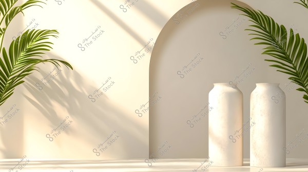 An image depicting a simple indoor scene with a light beige wall and the shadow of long palm leaves cast on it. In the foreground, there are two large white vases placed on a flat surface, positioned near a wall with an arched design.