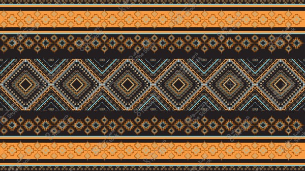 نمط زخرفي ملوّن بتدرجات البرتقالي, الأزرق, والأسود. التصميم يتميز بأشكال هندسية مثل المربعات والمعينات المرتبة في صفوف متوازية, مع تفاصيل نقطة ونقوش معقدة تضيف إلى التصميم التقليدي.