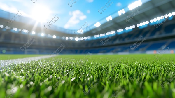 An image of a football stadium with clear green grass in the foreground. In the background, empty stands and a clear blue sky are visible, with bright sunlight casting shadows across the scene.