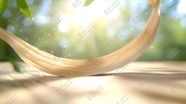 The image shows a strand of shiny blonde hair cascading in a wave over a wooden surface illuminated by bright sunlight. The background is blurred with sunlight effects and floating particles, creating an atmosphere of natural beauty and enchantment.