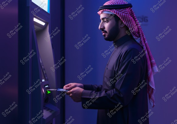 A man wearing traditional clothing and headwear stands in front of an ATM. He is holding a bank card in his hands and appears to be inserting it into the machine. The lighting is soft blue, giving a calm ambiance to the scene.