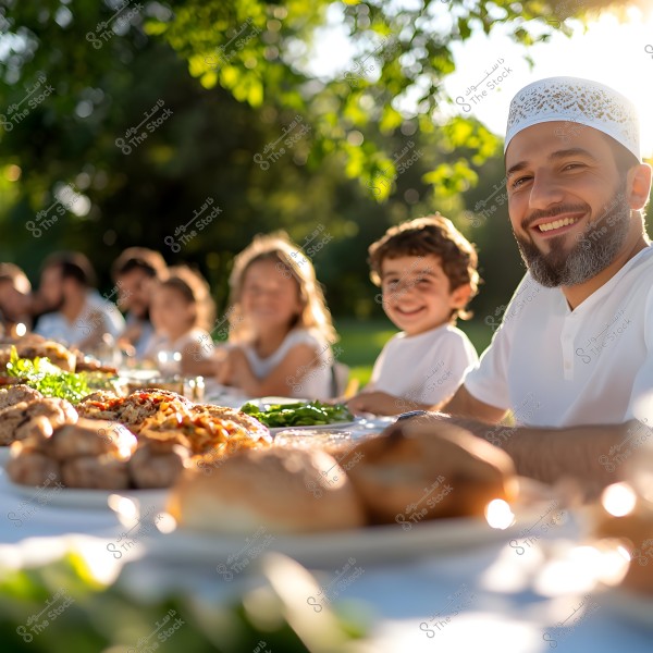 An image showing a group of people sitting around a dining table outdoors under green trees. The adult at the front is wearing a white robe and a white cap, which might suggest traditional attire from some Arab or Islamic countries. The atmosphere appears festive, with family or friends gathered for a meal.