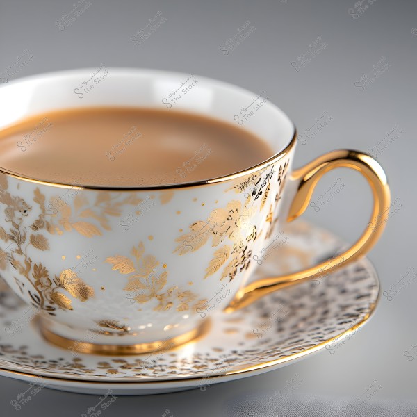 A luxurious porcelain teacup adorned with gold floral and leaf patterns, placed on a matching saucer. The cup is filled with light brown tea, and the handle is gold-plated. The background is a soft grey.