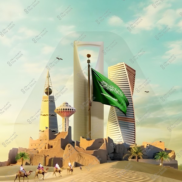 An image combining landmarks of Saudi Arabia, including modern buildings in Riyadh such as the Kingdom Tower, Al Faisaliah Tower, and the King Abdullah Financial Center Tower. The Saudi flag is prominently displayed in the center, with a scene of an ancient desert town in the foreground with several people riding camels.