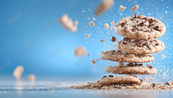 An image showing a stack of five chocolate chip cookies. Crumbs are scattered around, giving a sense of motion and dynamism against a blue background.