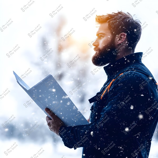 A photo of a bearded man wearing a dark coat, standing in profile while holding an open book. Snow is falling around him in a winter scene. The soft glow of the sun in the background adds a warm atmosphere to the image.