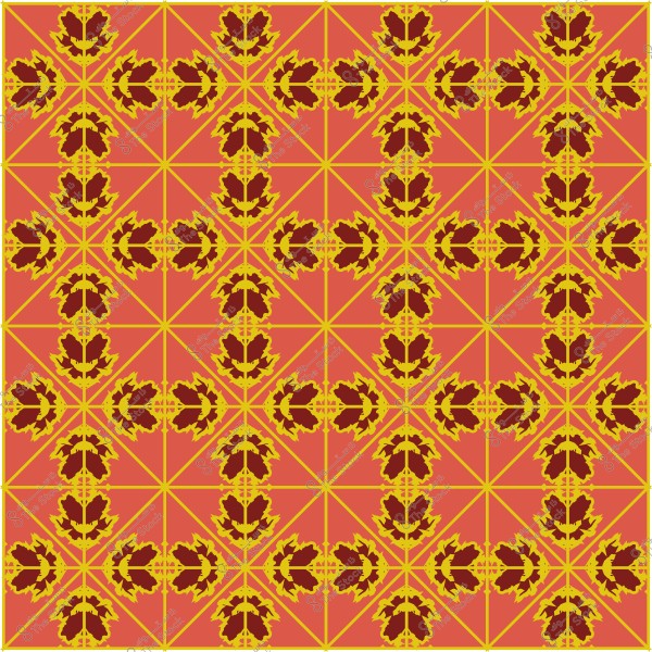 Symmetrical decorative pattern with orange and brown colors and yellow floral details.