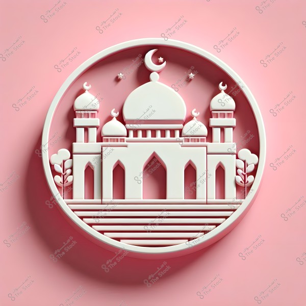 A circular illustration of a traditional mosque with minarets on the sides and a large central dome. The design is in white with a crescent moon on top and surrounding stars, all set against a pink background. The design has depth, giving it a three-dimensional effect, and is enclosed by a circular edge.