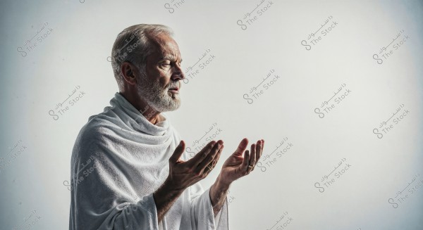 An image of an elderly man with a white beard, wearing traditional white Ihram clothing, appearing to be engaged in prayer. The photo conveys a sense of meditation and devotion, with a neutral background that brings focus to the individual.