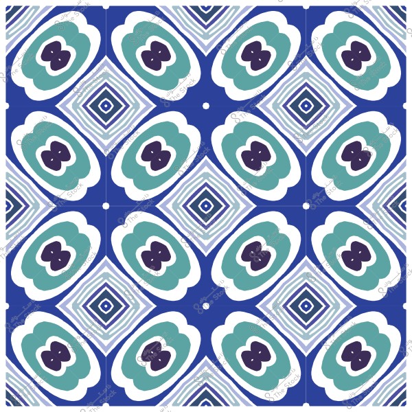 نمط هندسي بألوان زرقاء وخضراء وبيضاء يتميز بأشكال دائرية ومربعة.