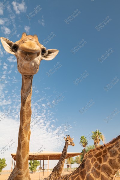 A low-angle view of giraffes under a clear blue sky with some clouds. A large giraffe is prominent in the foreground with its big ears and wide eyes. In the background, there is another giraffe and some trees and vegetation, including palm trees, and a small wooden shelter suggesting a zoo or wildlife park environment.