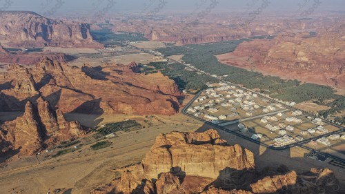 Pictures of the city of Al-Ula in northwestern Saudi Arabia, a rocky mountain with stunning scenery in the desert. Layers of rock in the ancient oasis of AlUla, Saudi Arabia