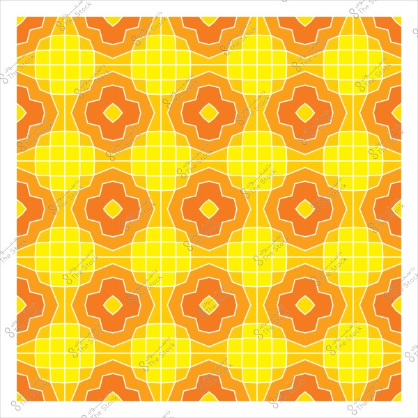 Geometric pattern with floral shapes in orange and yellow on a grid background.