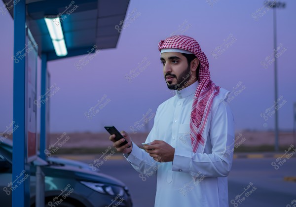 Image of a man wearing traditional Gulf attire and a red checkered headscarf, standing at a fuel station, holding a mobile phone. In the background, there is a parking area and a night sky with a light purple hue.