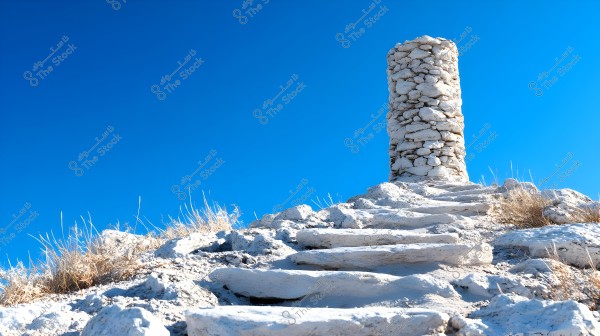The image shows an uneven stone pathway leading towards a cylindrical tower made of stacked white stones, surrounded by dry grass and scattered stones. The pathway is set under a clear blue sky.