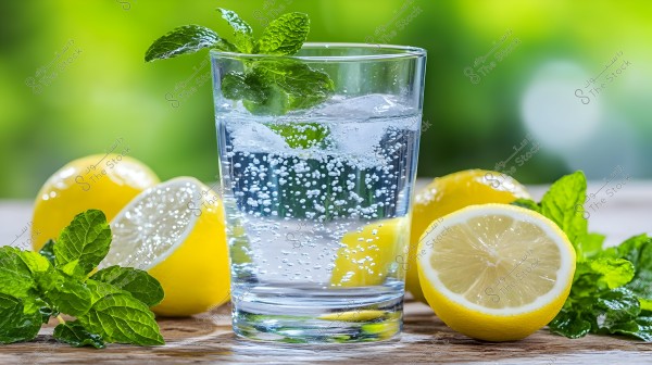 The image shows a glass cup filled with sparkling water topped with a fresh mint leaf, surrounded by yellow lemons and green mint leaves. The background is blurred with a vibrant green, conveying a refreshing impression.